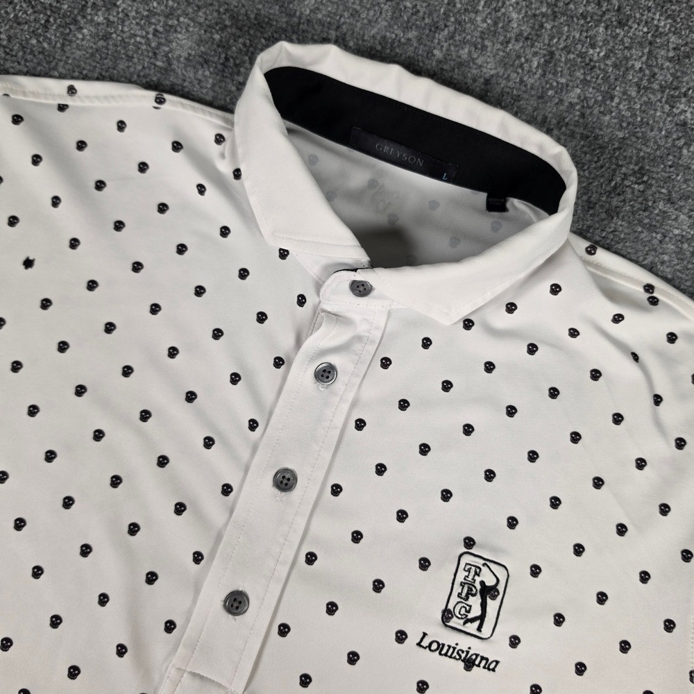 Greyson Polo Shirt Mens Large White Skull Print TPC Louisiana Golf Short Sleeve